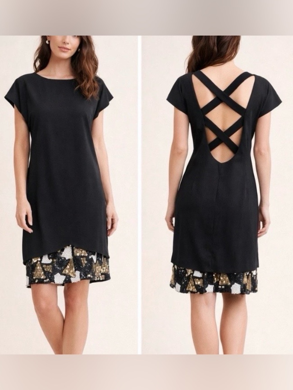 Vintage Black Open Back Cocktail Dress Sequin Hem L XL